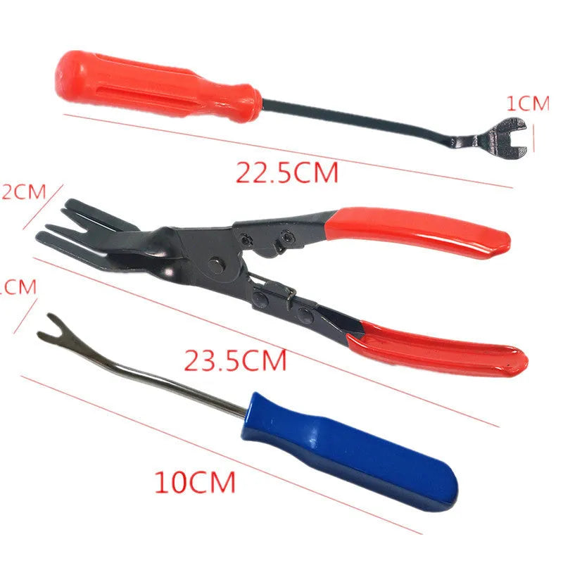 Red-handled steel automotive plier for GM door panel clip removal and horn driver nailing.