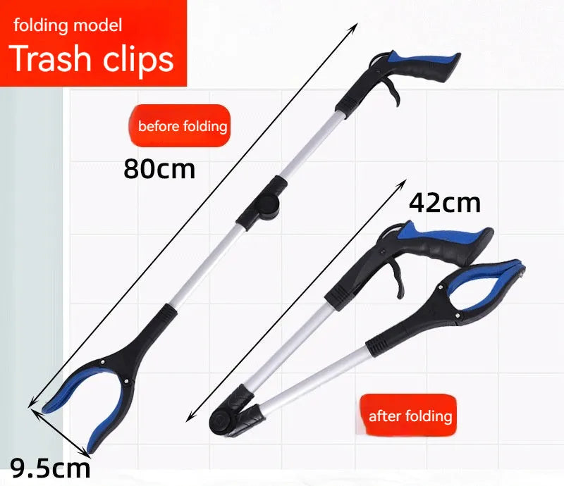 Foldable aluminium sanitation clamp with magnet, shown extended and collapsed with blue handle