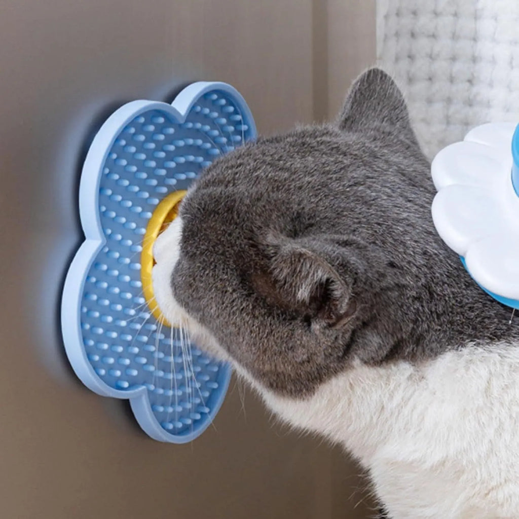 Flower-shaped silicone pet lick mat with suction cups in a choice of colours.