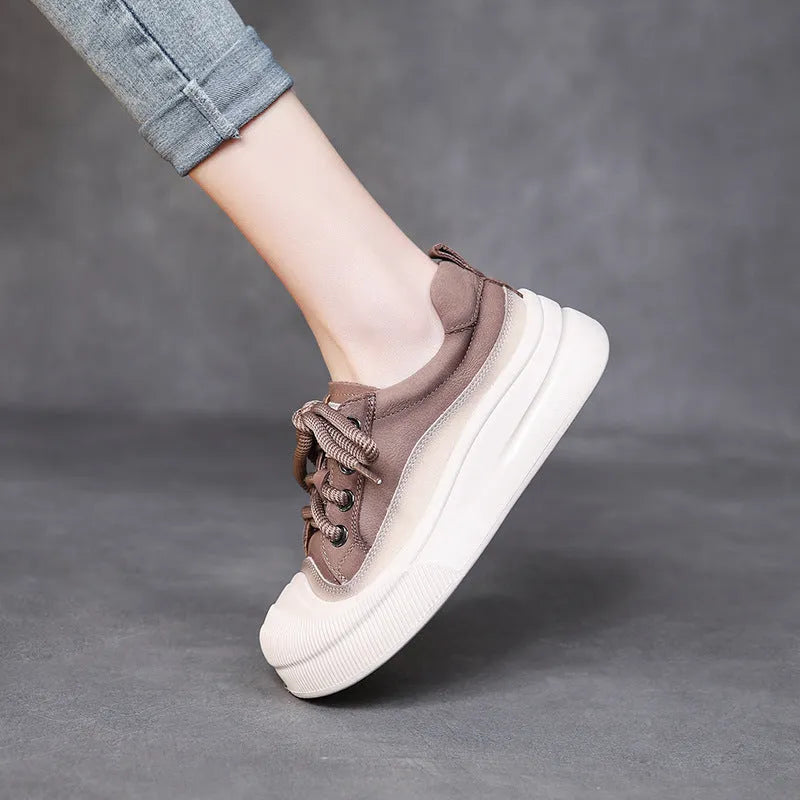 Women's full grain cow leather lace-up casual shoes in Cameo Brown and Yellow with round toe and rubber foam sole