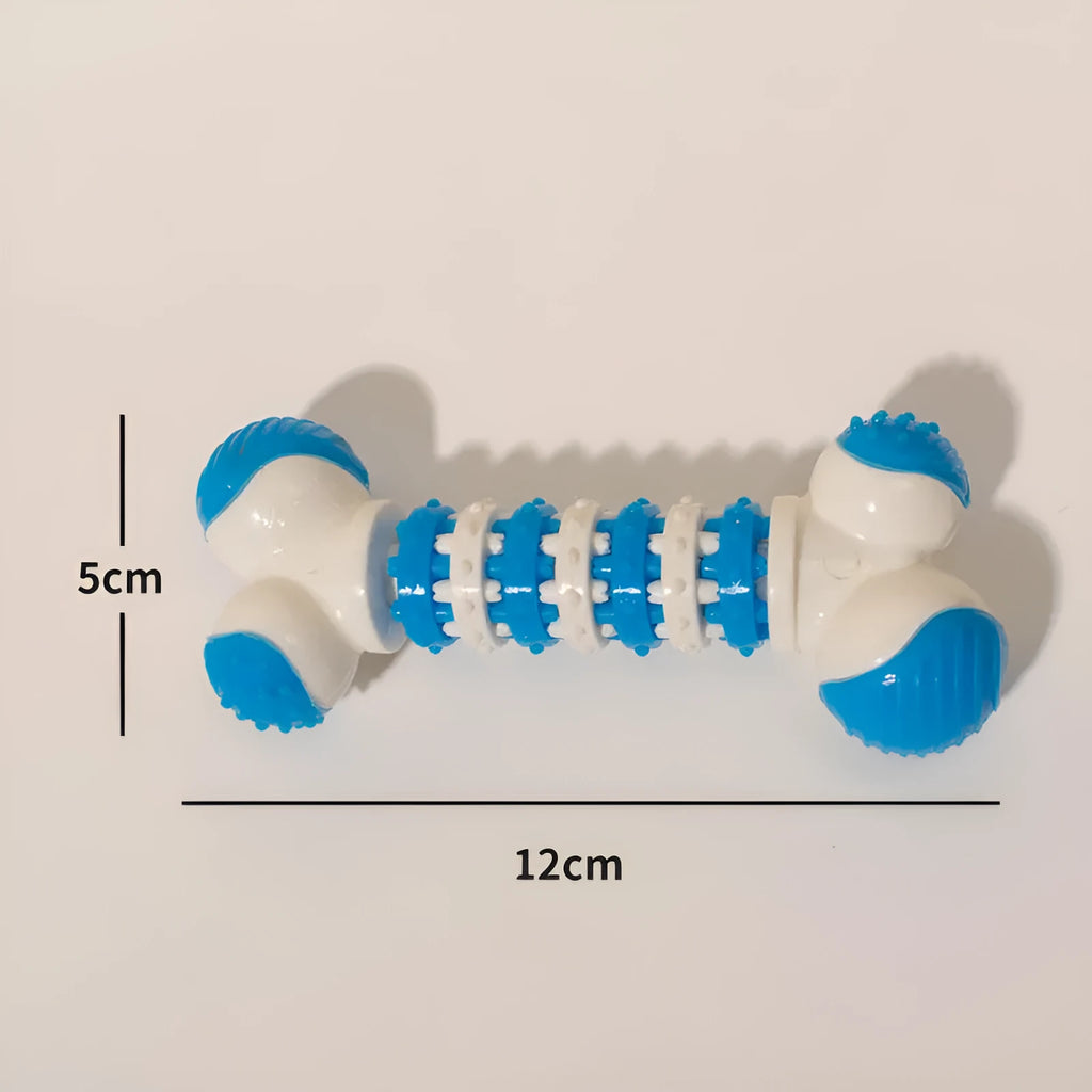 Blue bone-shaped rubber dog toy for small breeds with a treat holder in the centre