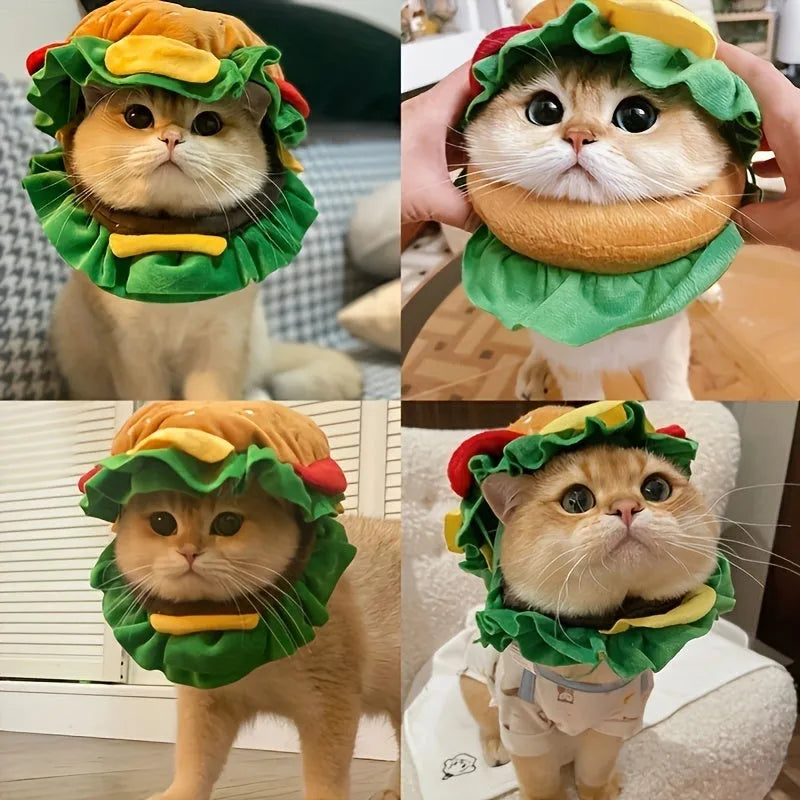 A cat wearing a soft cone collar with a colourful cartoon burger hat on top, sizes S M L available.