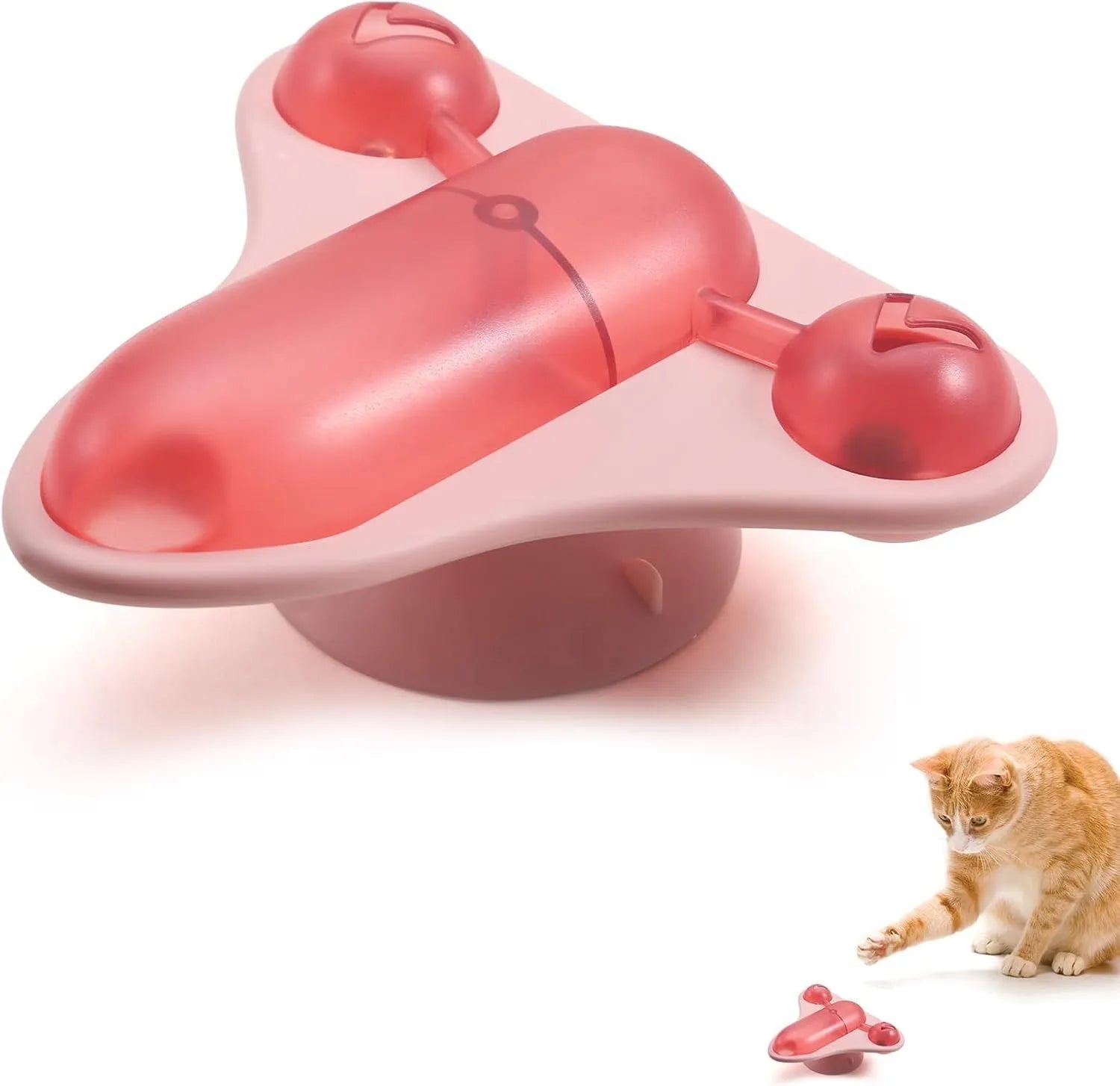 Blue interactive pet puzzle toy with treat cabin, bell, and catnip attachments on suction cup base