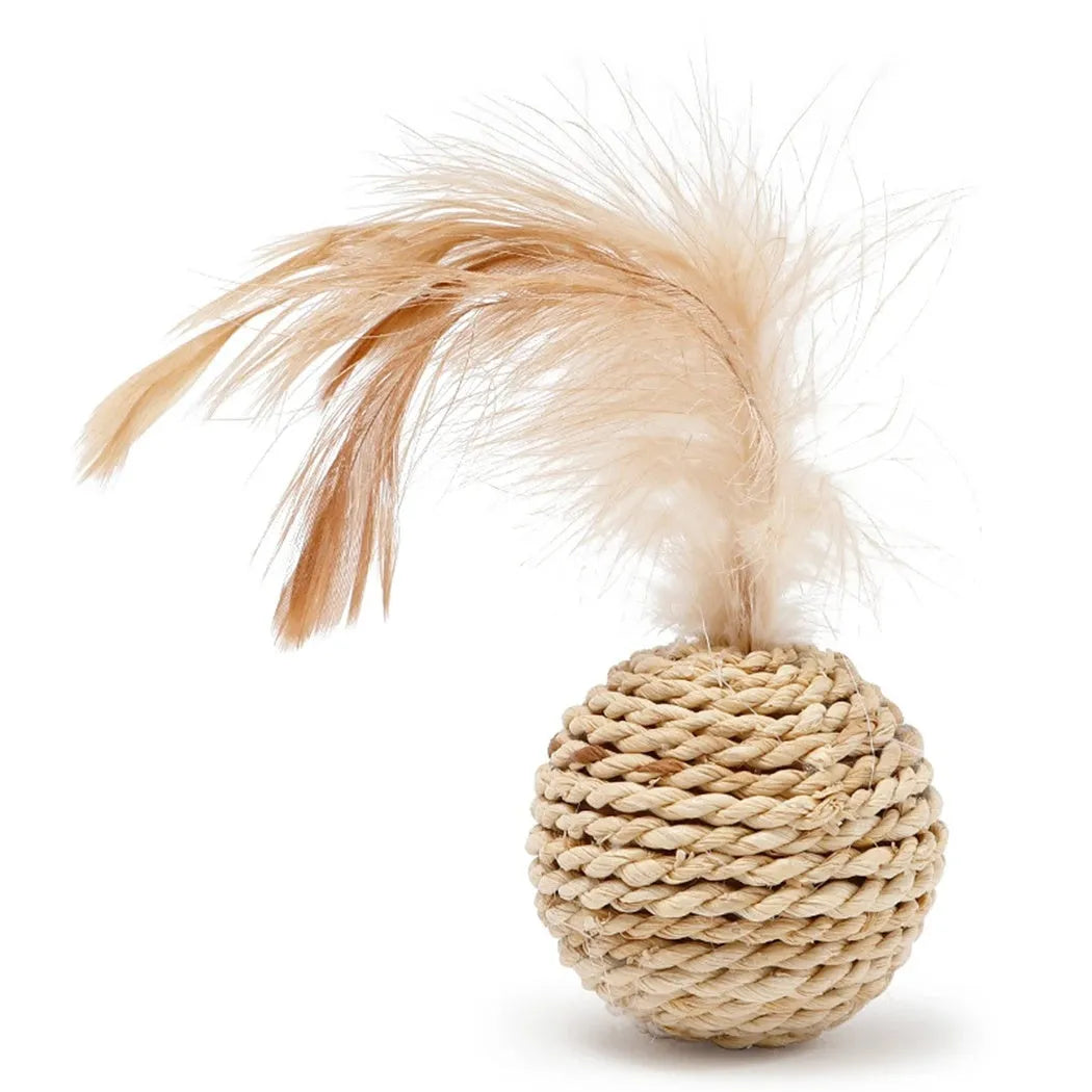 Two cat toys: rattan ball and faux feather bell ball with measurements 3.5cm and 4x9cm