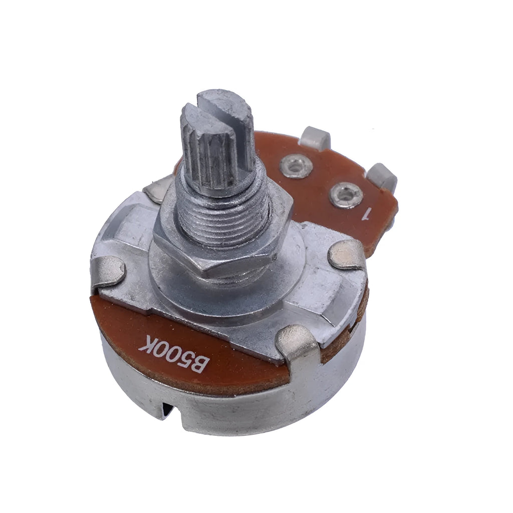 Metal replacement knob for electric guitar volume and tone potentiometer controls.