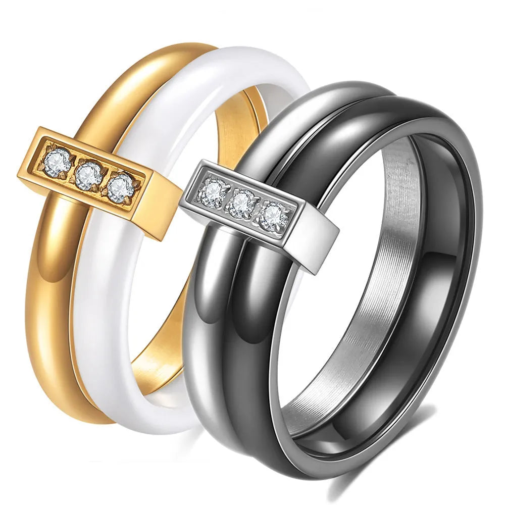 Geometric ceramic women's ring with glossy stitching and zirconium inlay in Steel Black finish