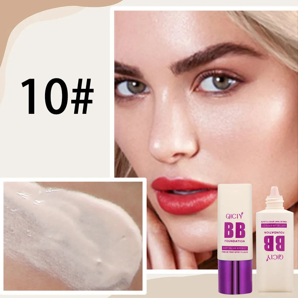 Feeding bottle design BB cream liquid foundation with brightening repair, showing 10 shade options.