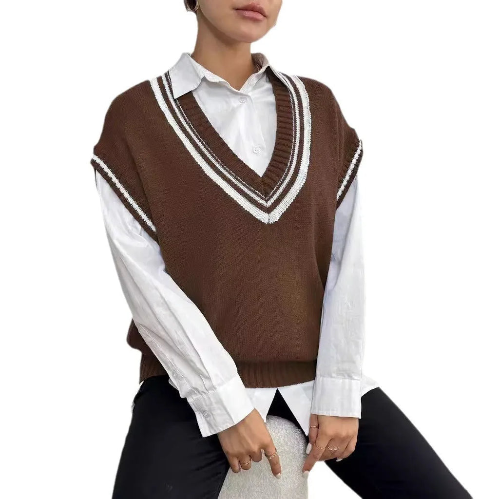 Women's loose college-style acrylic vest sweater in blue, coffee or black colours