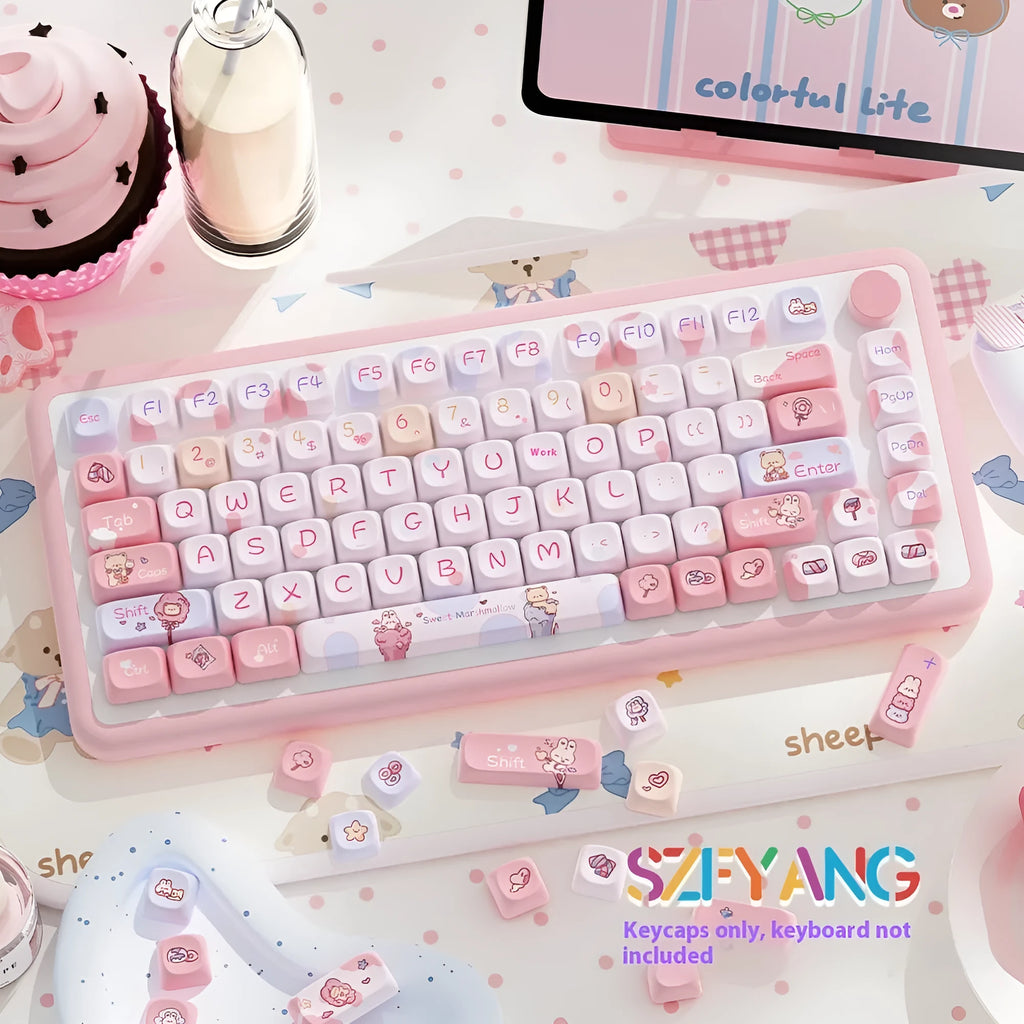 Sweet cotton candy coloured PBT plastic keycap set for mechanical keyboards, showing 112-key and 120-key options.