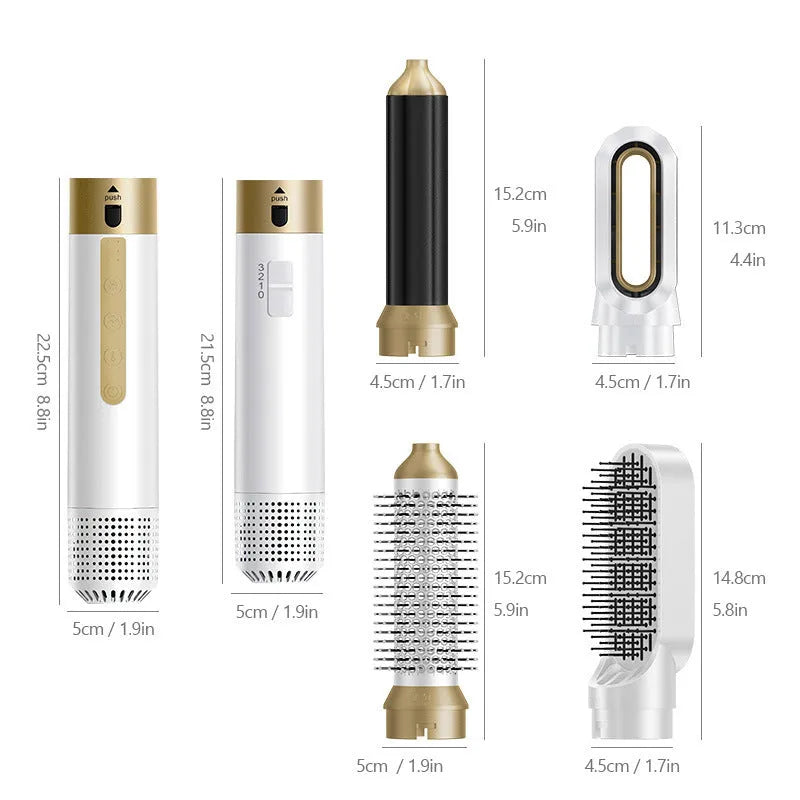 Six-in-one hot air styling comb with multiple attachments in dark blue or white with leather case
