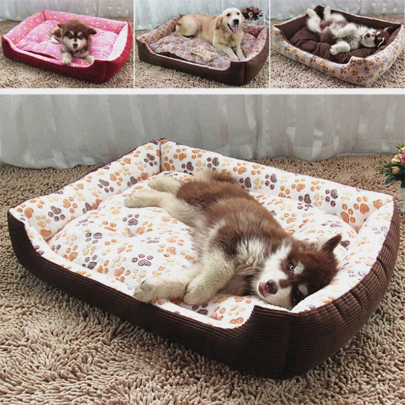 Beige plush sofa-style pet bed for small dogs with a raised bolster edge, shown in a home setting.