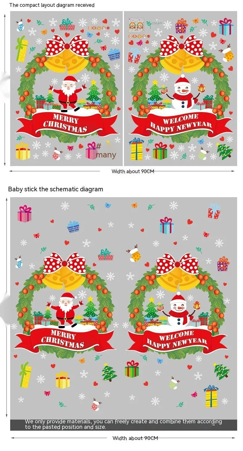 Two large colourful cartoon Christmas static cling stickers on a glass window.