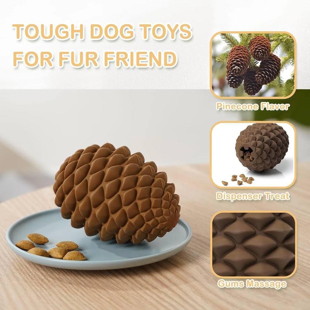 Yellow natural rubber pine cone-shaped dog chew toy with treat dispenser hole.
