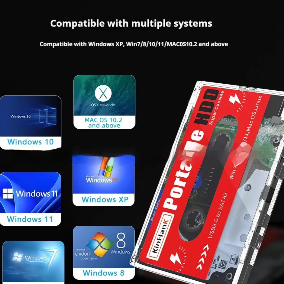 External 2TB mechanical hard drive for mobile gaming with USB cable and compact PC enclosure