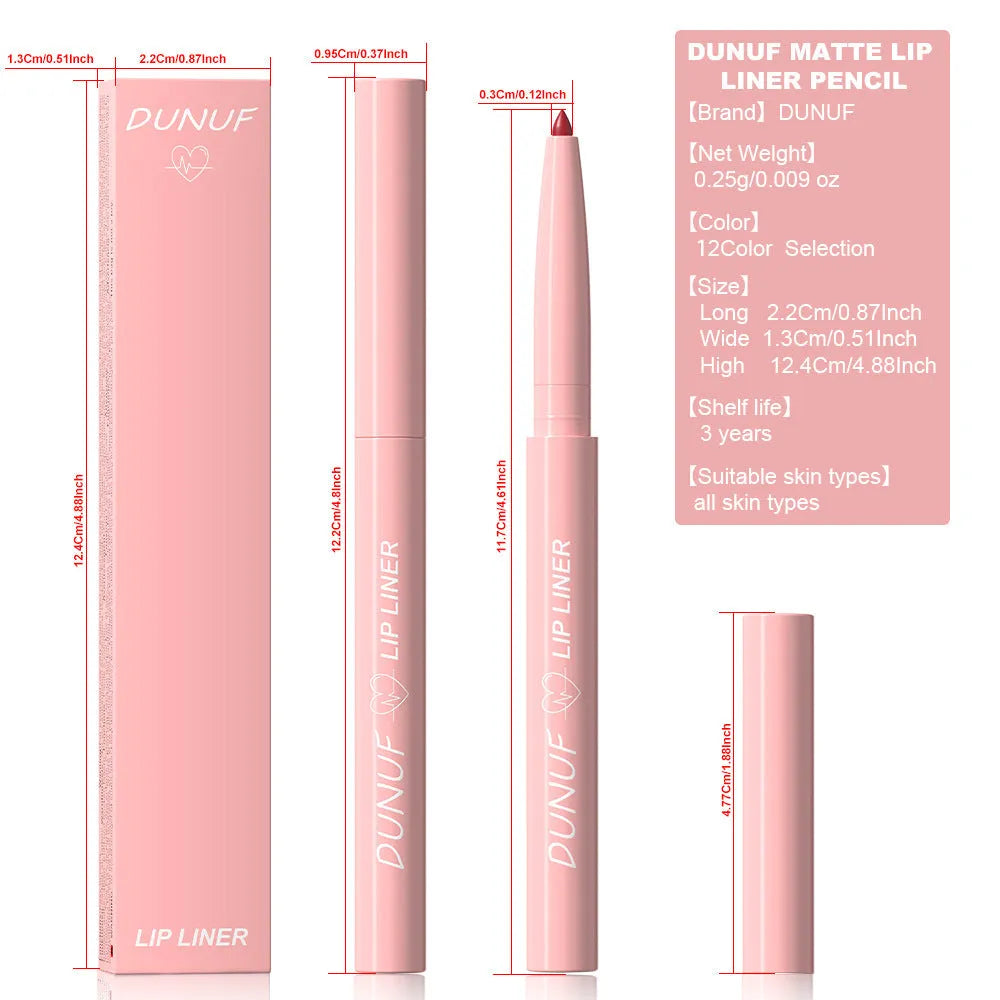 12 Colour Velvet Matte Lip Liner pencil showing range of nude, berry and brown shades.