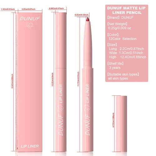 12 Colour Velvet Matte Lip Liner pencil showing range of nude, berry and brown shades.
