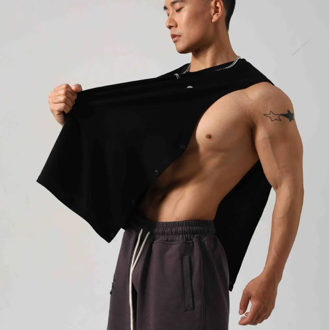 Korean style men's cotton fitness vest with hidden hook side openings in solid colours
