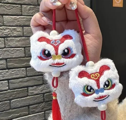 Blue and yellow Chinese style plush lion keychain ornament with star stone decorative elements
