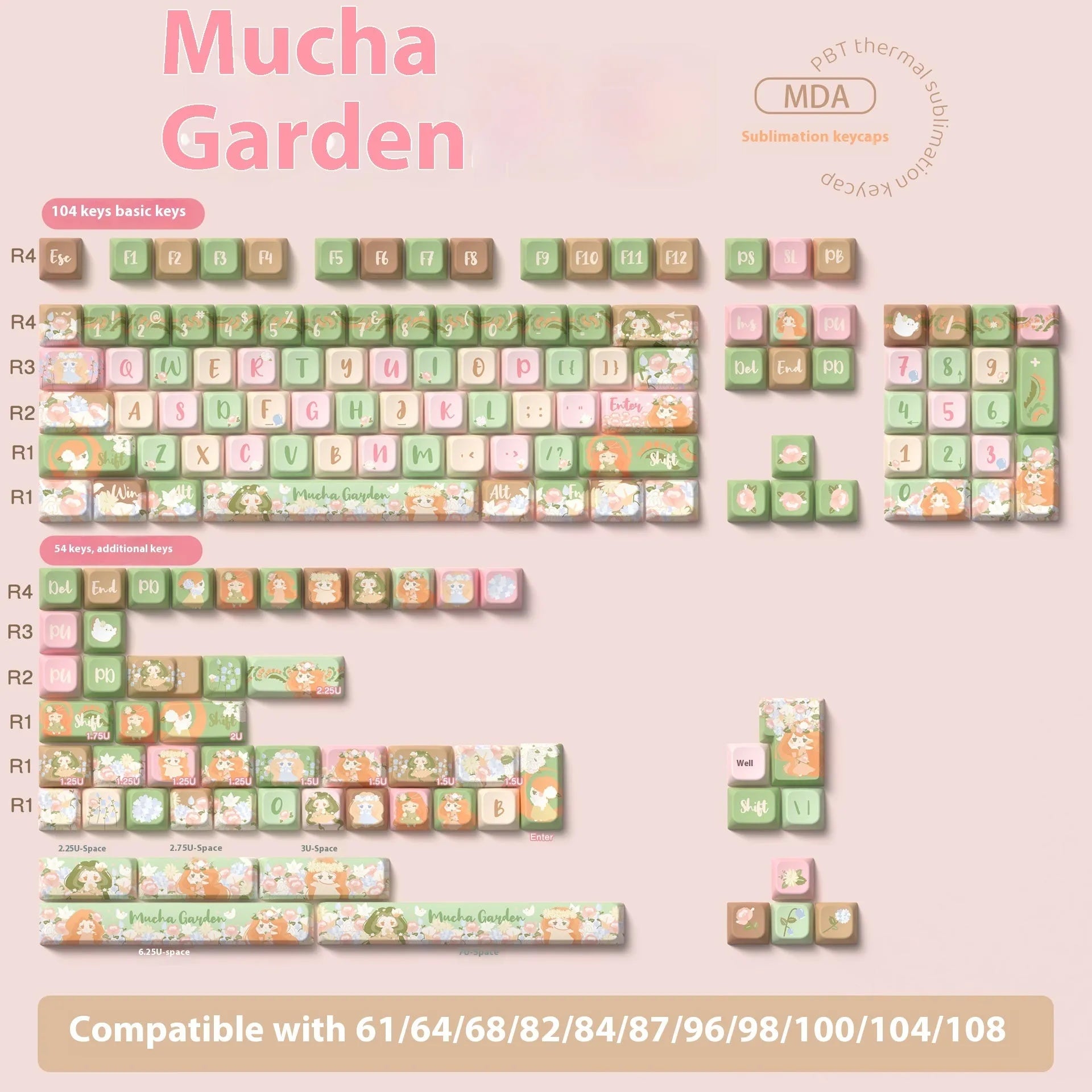 Custom printed Summer Garden theme mechanical keyboard keycaps, showing 138-key and 158-key set options.