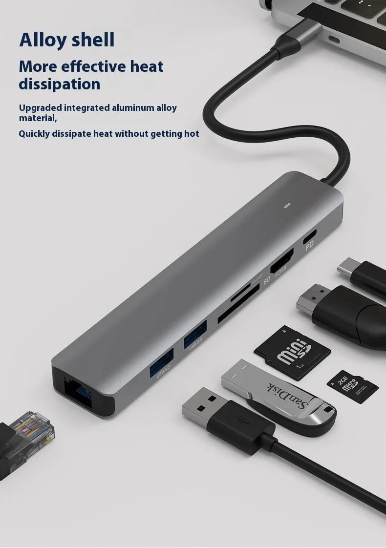 LQT-LH07 7-in-1 USB C hub with SD and TF card reader slots for laptop connectivity.