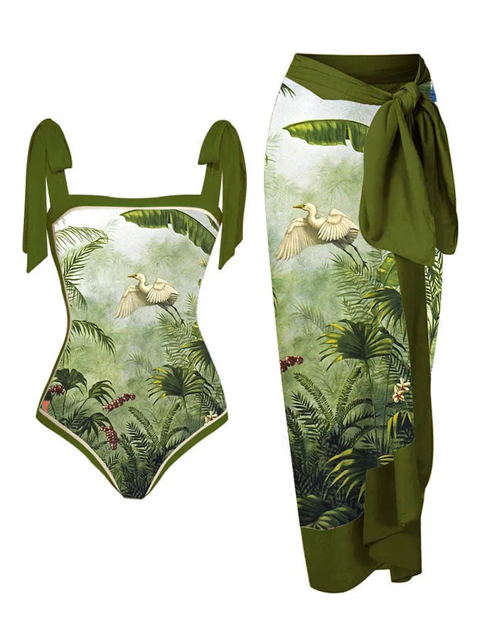 Women's printed floral swimsuit set with chiffon cover-up skirt