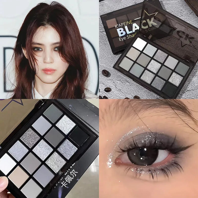 Matte eyeshadow palette showing fifteen colours in brown and blue shades with shimmer finishes