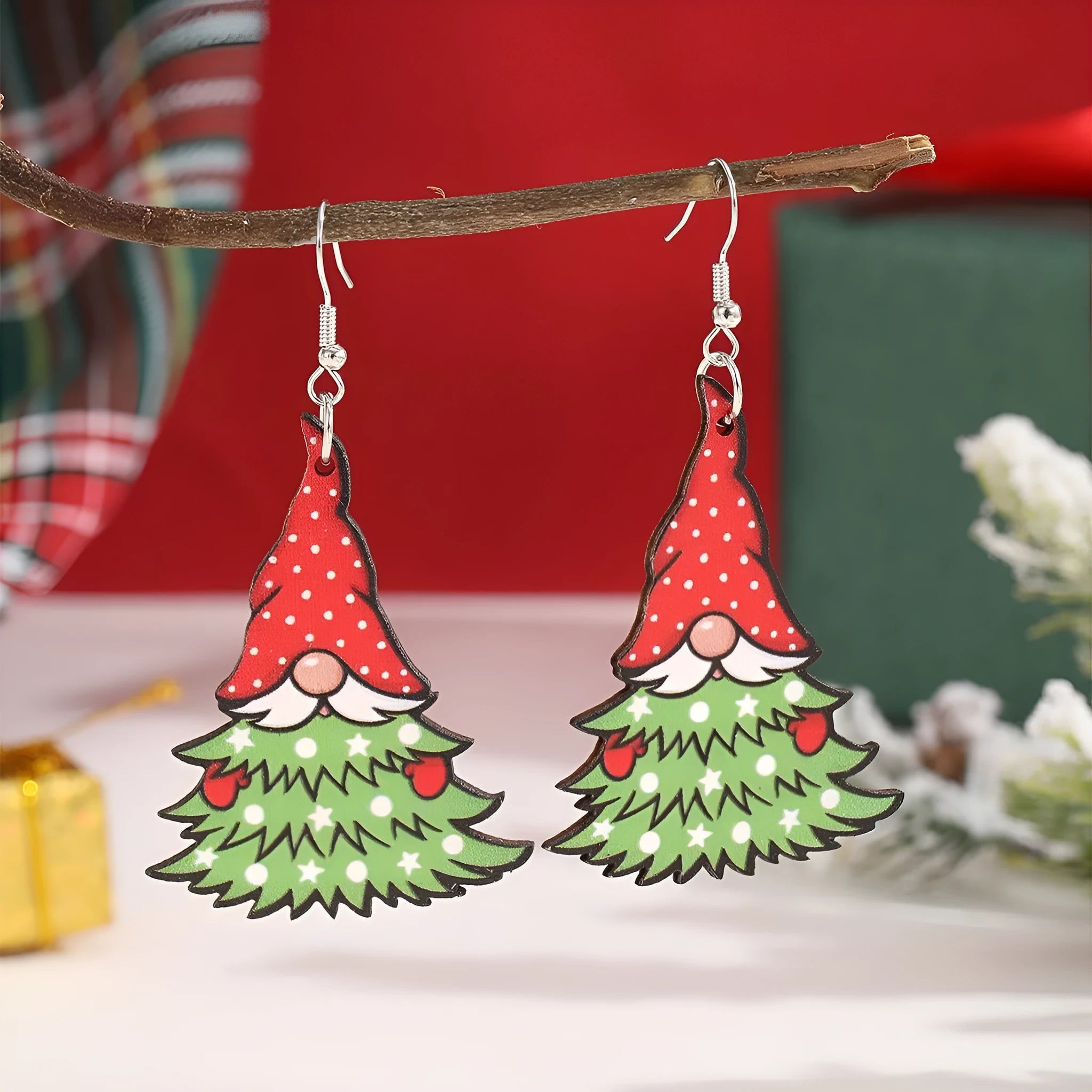 Women's wooden Christmas earrings with geometric shapes and printed Santa Claus designs