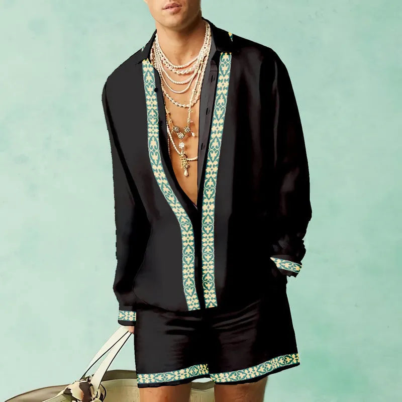Men's loose fit slim style long sleeve shirt and matching shorts set on a hanger.