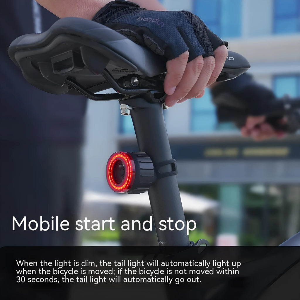 Black intelligent induction brake taillight with aluminium alloy housing and plastic seat tube bracket