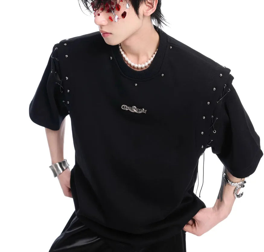 Deconstruction lace-up cutout short sleeve t-shirt in Black or White cotton-polyester blend