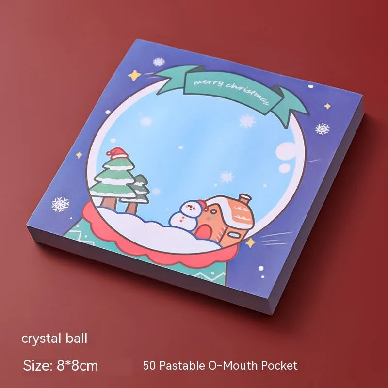 Christmas sticky notes book showing cartoon designs of Elf, Gift, Sled, Ball, Santa, House, Bear, and Snowman