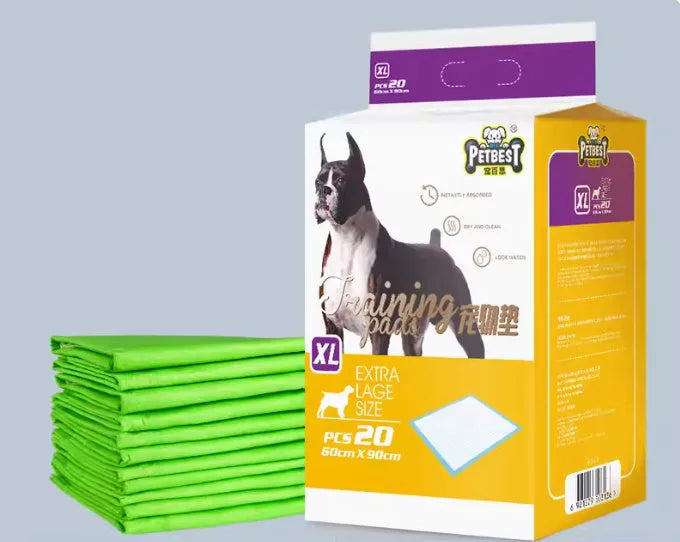 Pack of dog urine pads showing adhesive backing, bamboo charcoal variant, and size comparison
