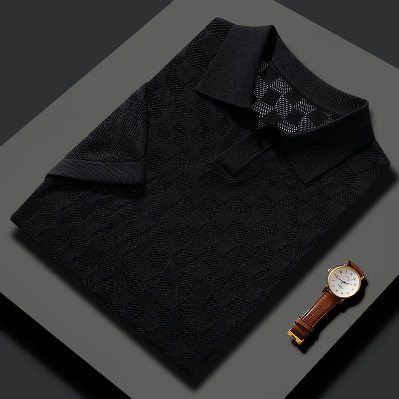 Man wearing a short sleeve mulberry silk sweater with lapels in a solid colour for business casual attire.