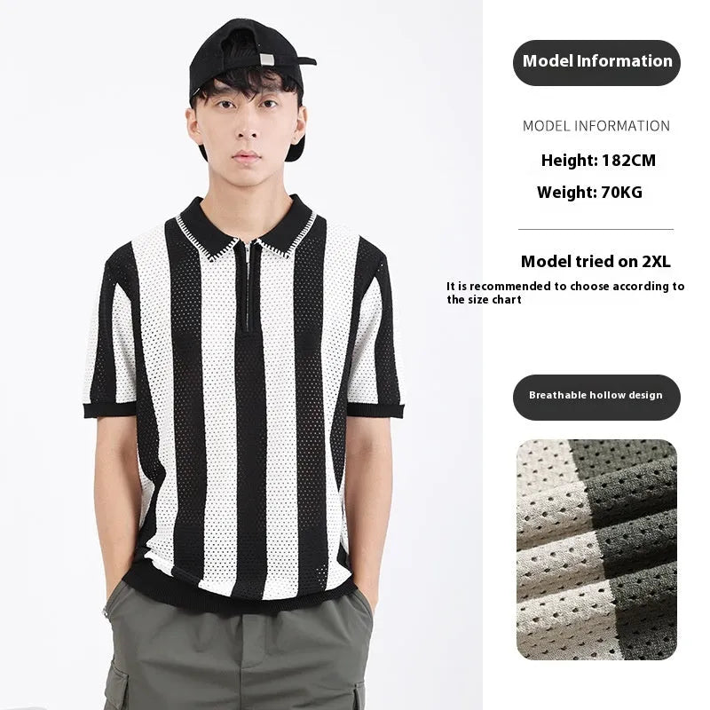 Men's short sleeve ice silk sweater with stripe pattern and zip decoration in viscose fabric