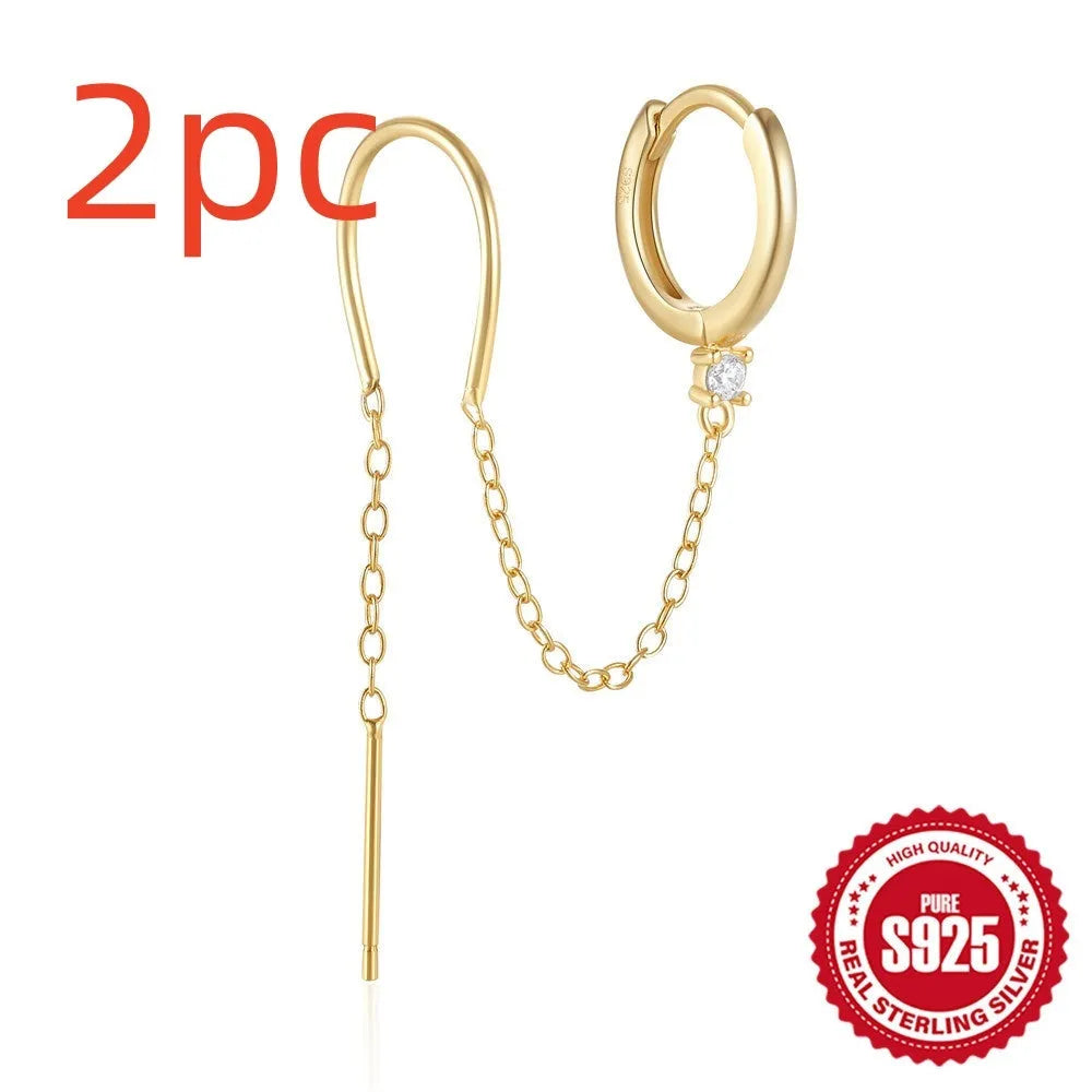 S925 sterling silver earrings with diamond flower tassel chain design and golden electroplated finish