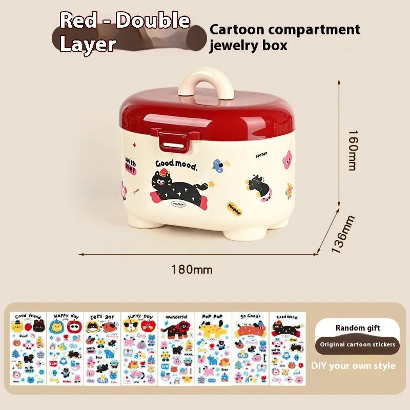 Cartoon design plastic desktop organiser with storage box, pen container, tissue box and coin bank accessories in red and brown colours