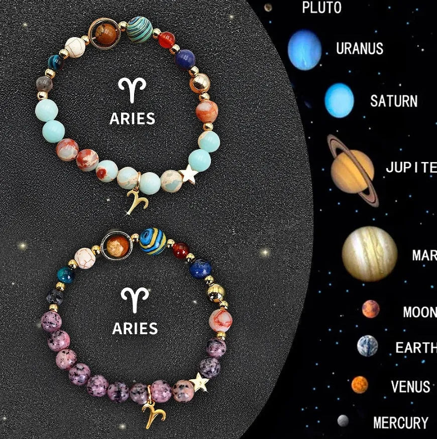 Set of twelve beaded bracelets with natural stone beads and sterling silver zodiac charms on a dark background.