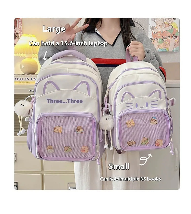 Korean cartoon animation style backpack in two sizes with curved shoulder straps.