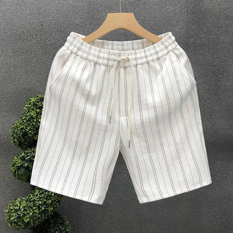 Men's black and white striped casual shorts with a fleece lining and double-layer waistband.