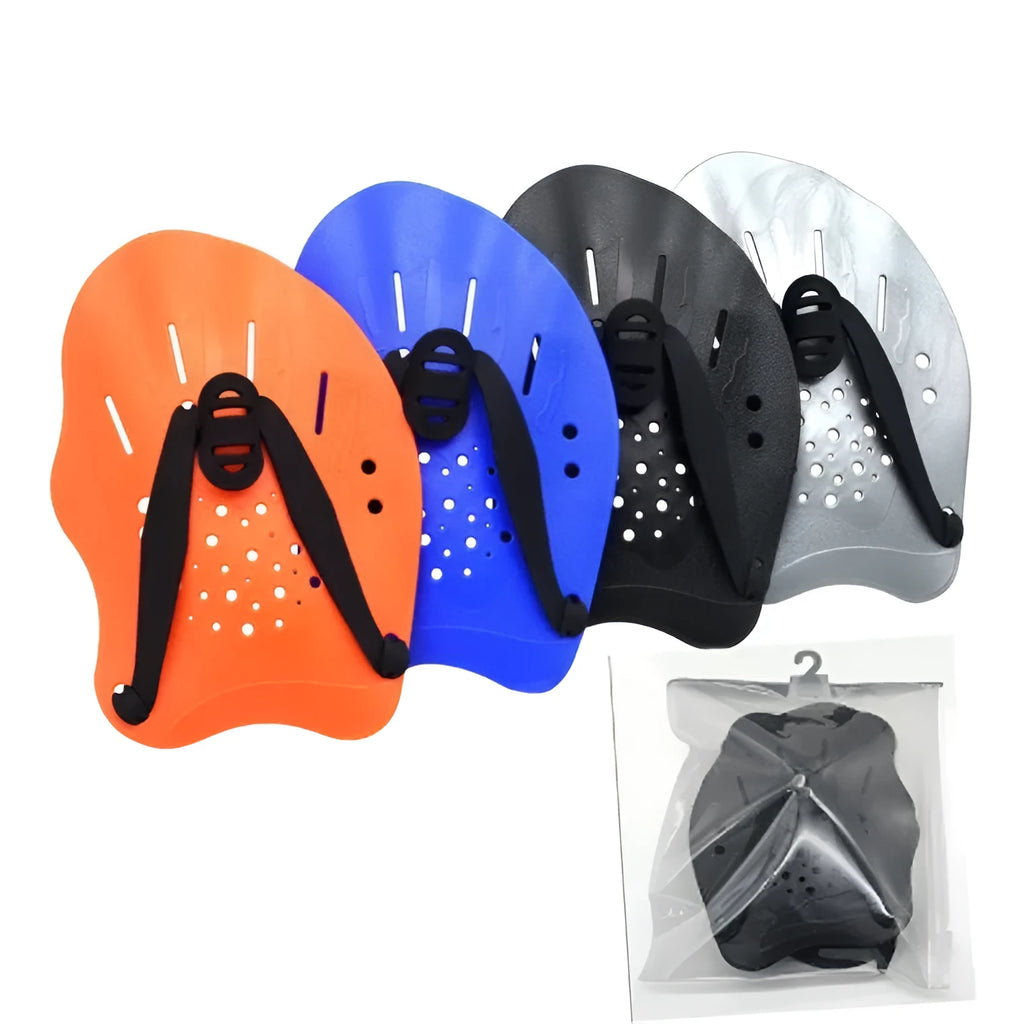 A pair of freestyle swim training paddles with hand webbing in multiple colour options on a blue background.
