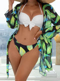 Women's three-piece mesh split bikini swimsuit in polyester fabric