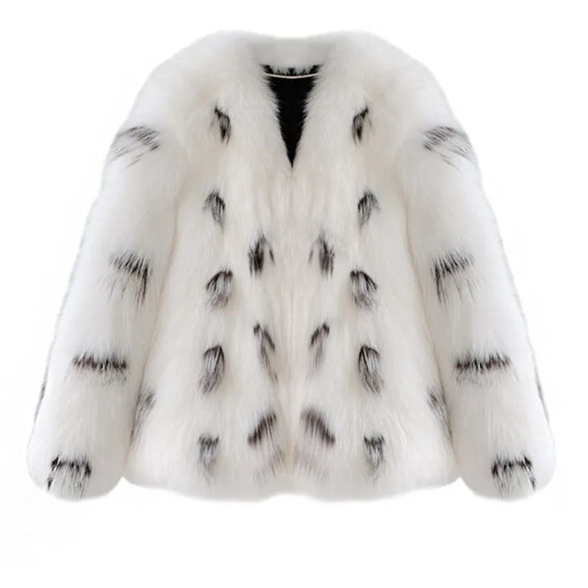 Black and white faux fur raccoon-style coat for women, Korean street fashion slim-fit design.