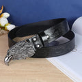 Men's black imitation leather belt with a detailed metal cow head buckle and pin clasp.