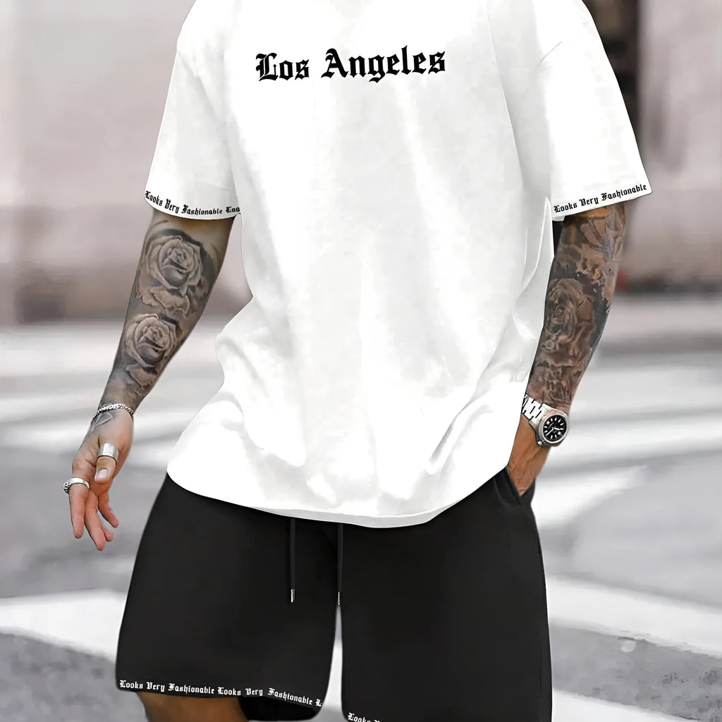 Men's sports shorts and t-shirt set in cotton blend fabric with printed pattern