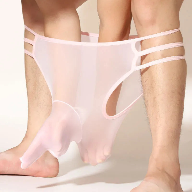 Men's transparent nylon elephant nose shorts in multiple colours on a mid-waist free-size model.