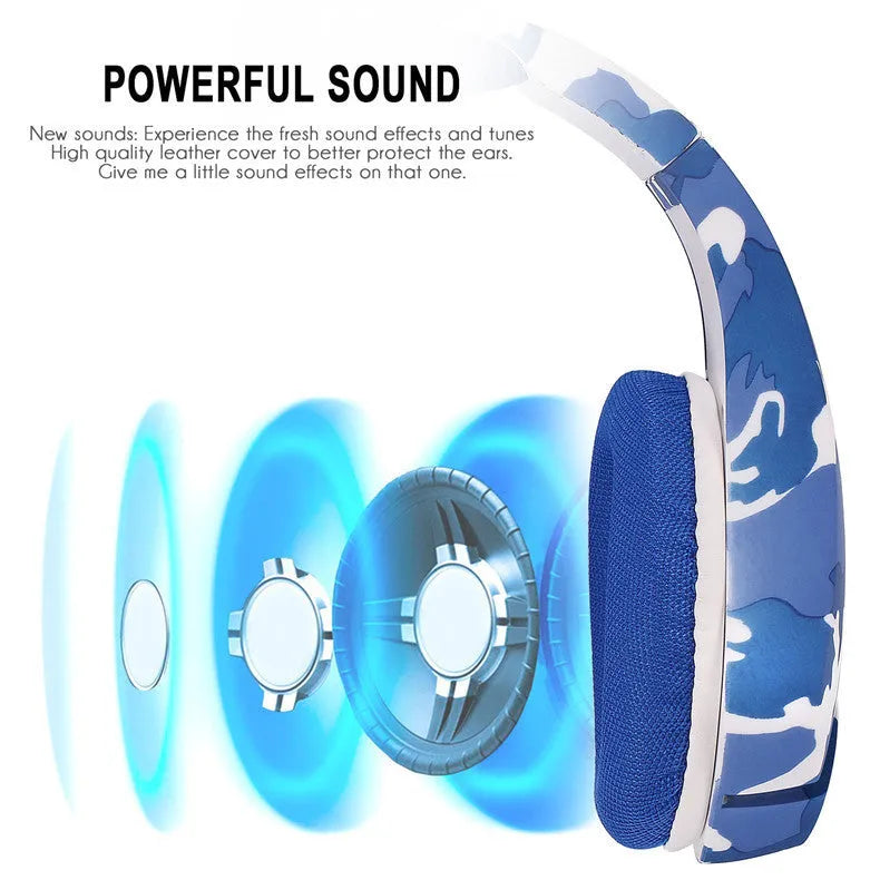 Wired gaming headset with cloth earmuffs and braided cable in camouflage blue or white with 3.5mm plug and adapter