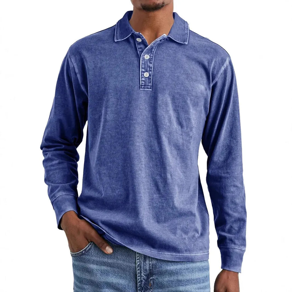 Retro washed distressed pure cotton lapel long sleeve polo shirt shown in Army Green.