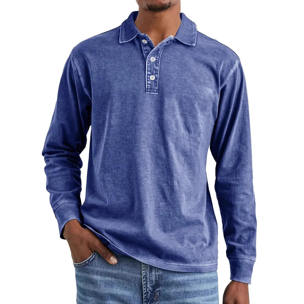 Retro washed distressed pure cotton lapel long sleeve polo shirt shown in Army Green.