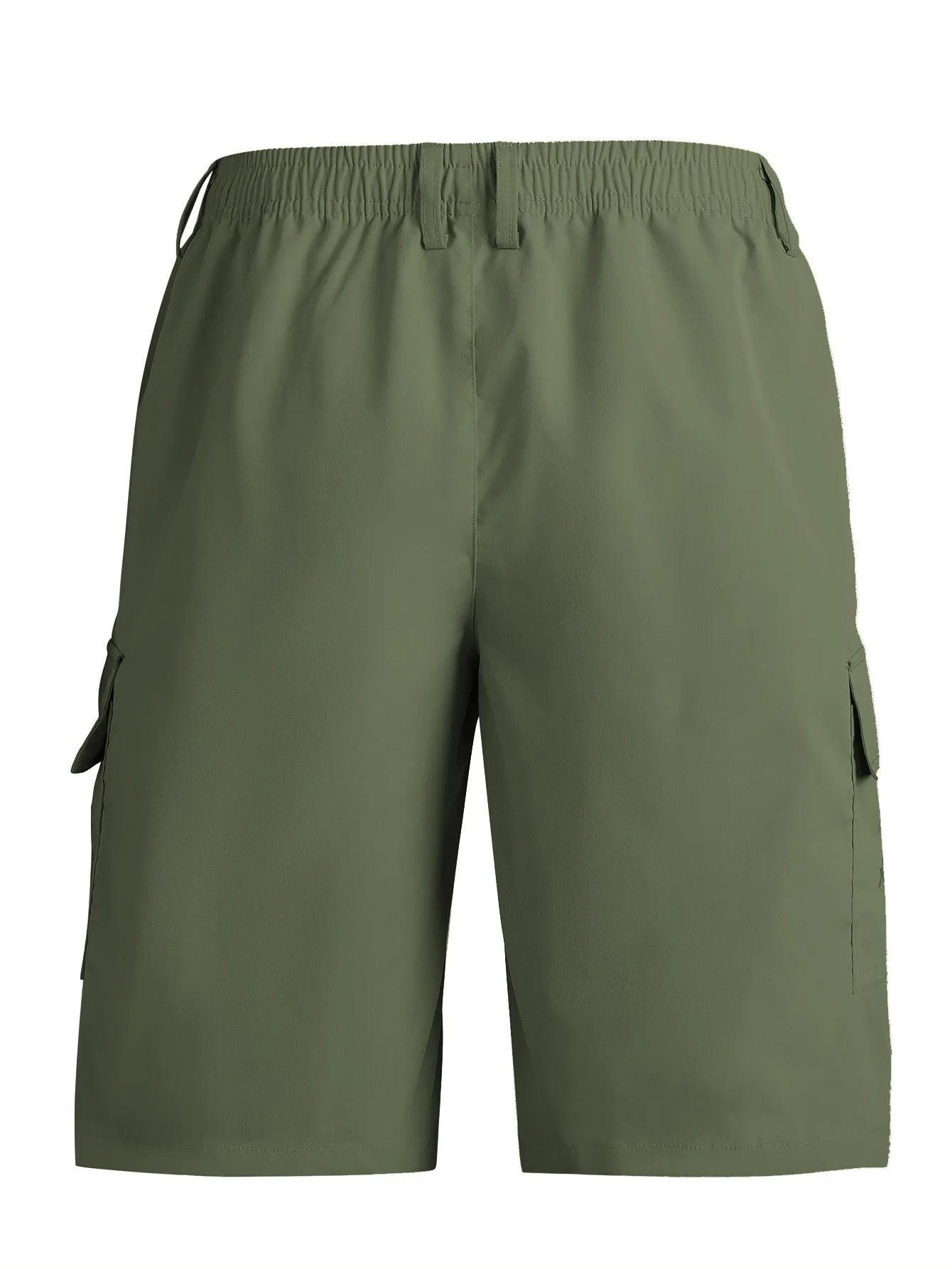 Man wearing loose straight-leg casual shorts in blue, showing the relaxed fit and straight cut.