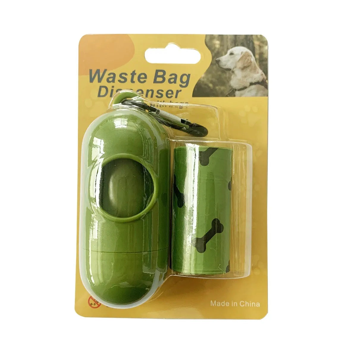 Roll of army green degradable dog waste bags with black bone print, showing bag size and dispenser.